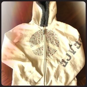 White Peace Sign Furry Hood ZIP Hoodie